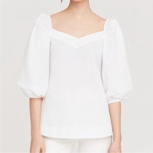 Cuyana White Balloon Puff Sleeve Seersucker Sweatheart Neckline Top